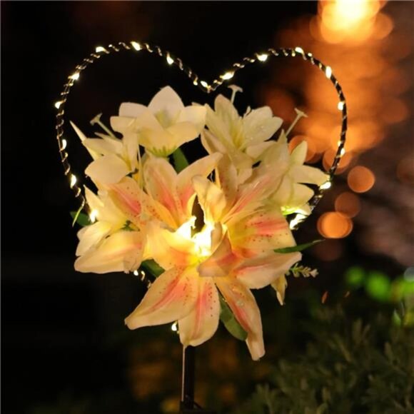 Starryfill Garden Solar Lights Outdoor Heart-Shaped with  Garden Solar Lights Outdoor Heart-Shaped with White Lily Flowers, Stake Lights